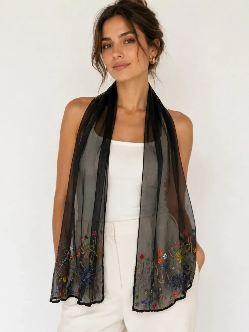 Vintage Sheer Black Beaded Embroidered Rectangular Scarf